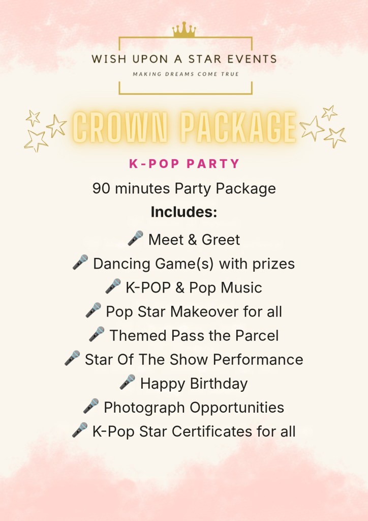 Crown K-pop party package: 90 minutes with pop star makeover for all, themed pass the parcel and K-pop star certificates for all
